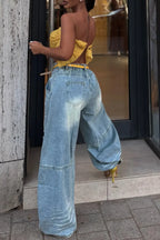 Acid Wash Yellow-Thread Ripped Baggy Jeans