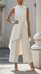 High Neck Asymmetrical Layer Vest & Wide Leg Pant Two Piece Formal Set