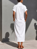 Women's Solid-color Lapel Short-sleeve Casual Loose Cotton-linen Dress