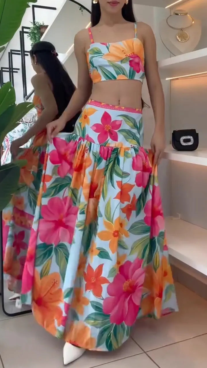 Tropical Floral Two-Piece Skirt Set