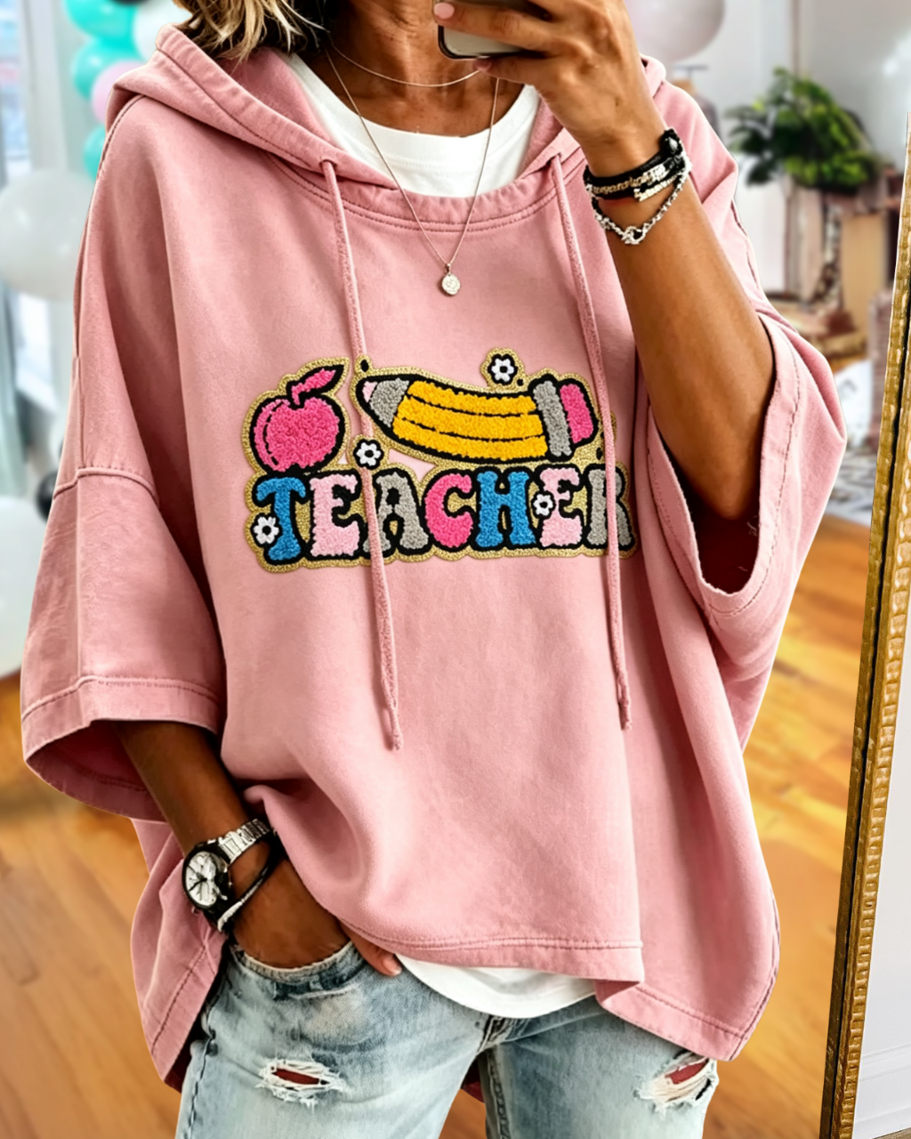 TEACHER Letter Embroidered Hoodie