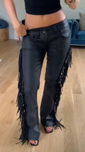 Low-Rise Fringe Faux Leather Flare Pants