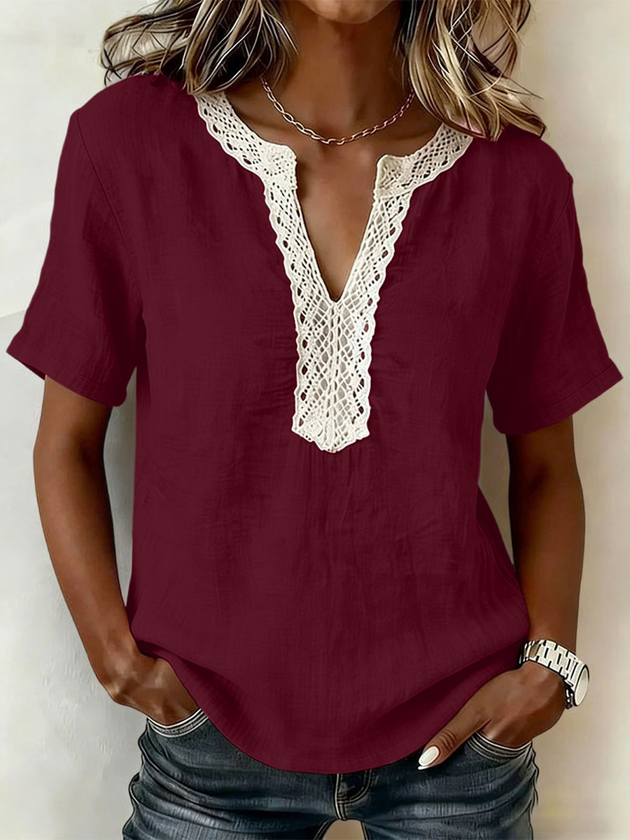 New Arrivals🔥Casual Linen Cotton Short Sleeve Top Lace Trim Collar