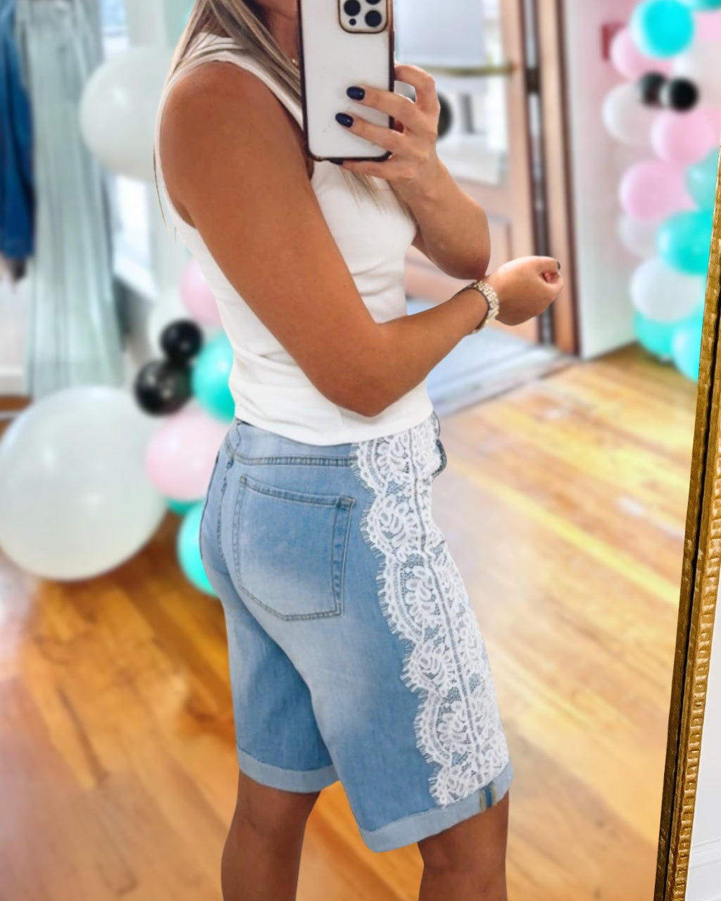 Lace-Trimmed Denim Bermuda Shorts
