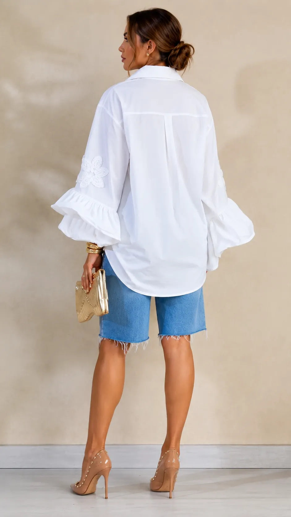 Oversized  Embroidery Ruffle Shirt & Raw-Hem Denim Knee Shorts