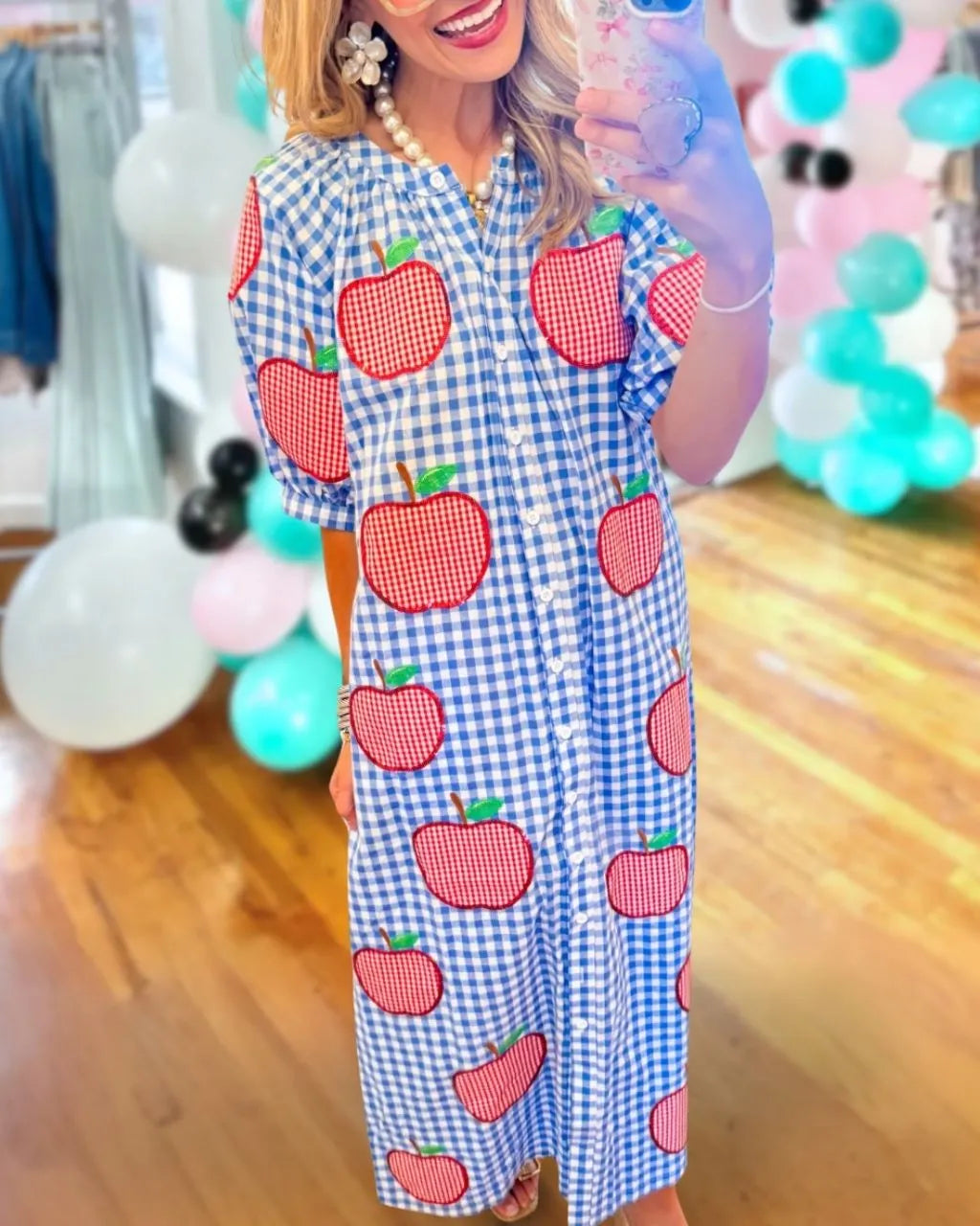 Apple Sequined Plaid Shirt Dress