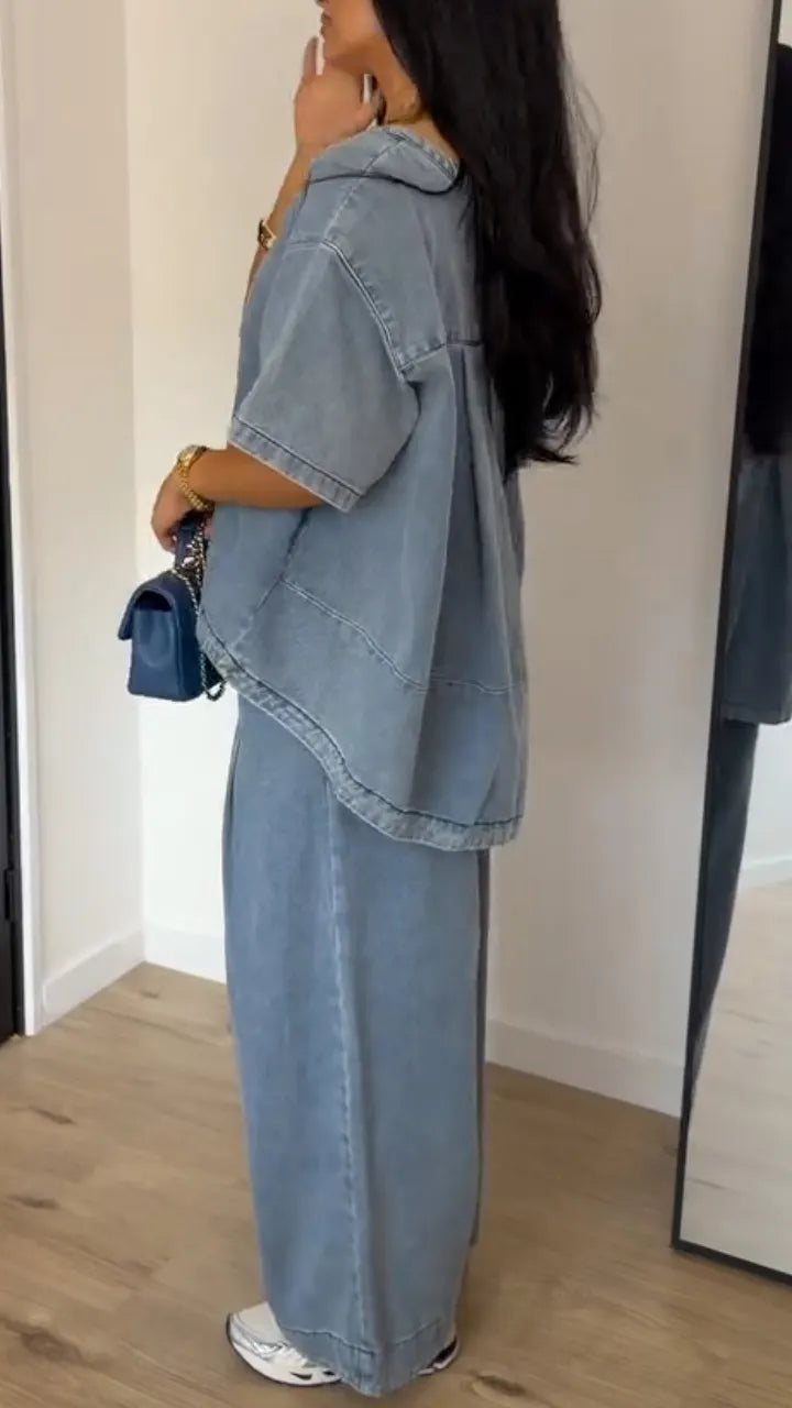 Women's Washed Blue Loose Wide-Leg Denim Trousers - Two-Piece Set
