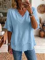 CLEARANCE SALE✨Vintage Frayed V Neck Linen Top