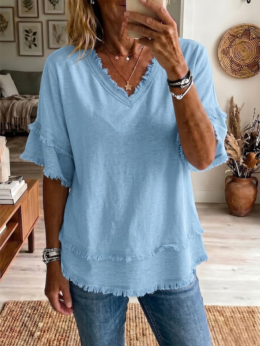 CLEARANCE SALE✨Vintage Frayed V Neck Linen Top