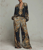 Retro Baroque Print Deep V-Neck Relaxed Fit Set