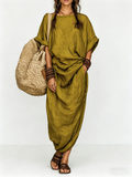 Vintage Cotton-Linen Round-Neck Short-Sleeve Maxi Dress
