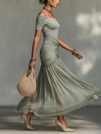 Green Stretch Fabric And Chiffon Maxi Dress