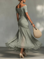 Green Stretch Fabric And Chiffon Maxi Dress