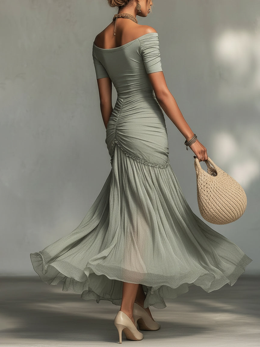 Green Stretch Fabric And Chiffon Maxi Dress