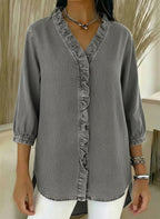 CLEARANCE SALE✨Denim V Neck Ruffle Hem Blouse