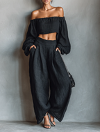 Elegant Linen-Blend Strapless Blouse and Wide-Leg Pants Set
