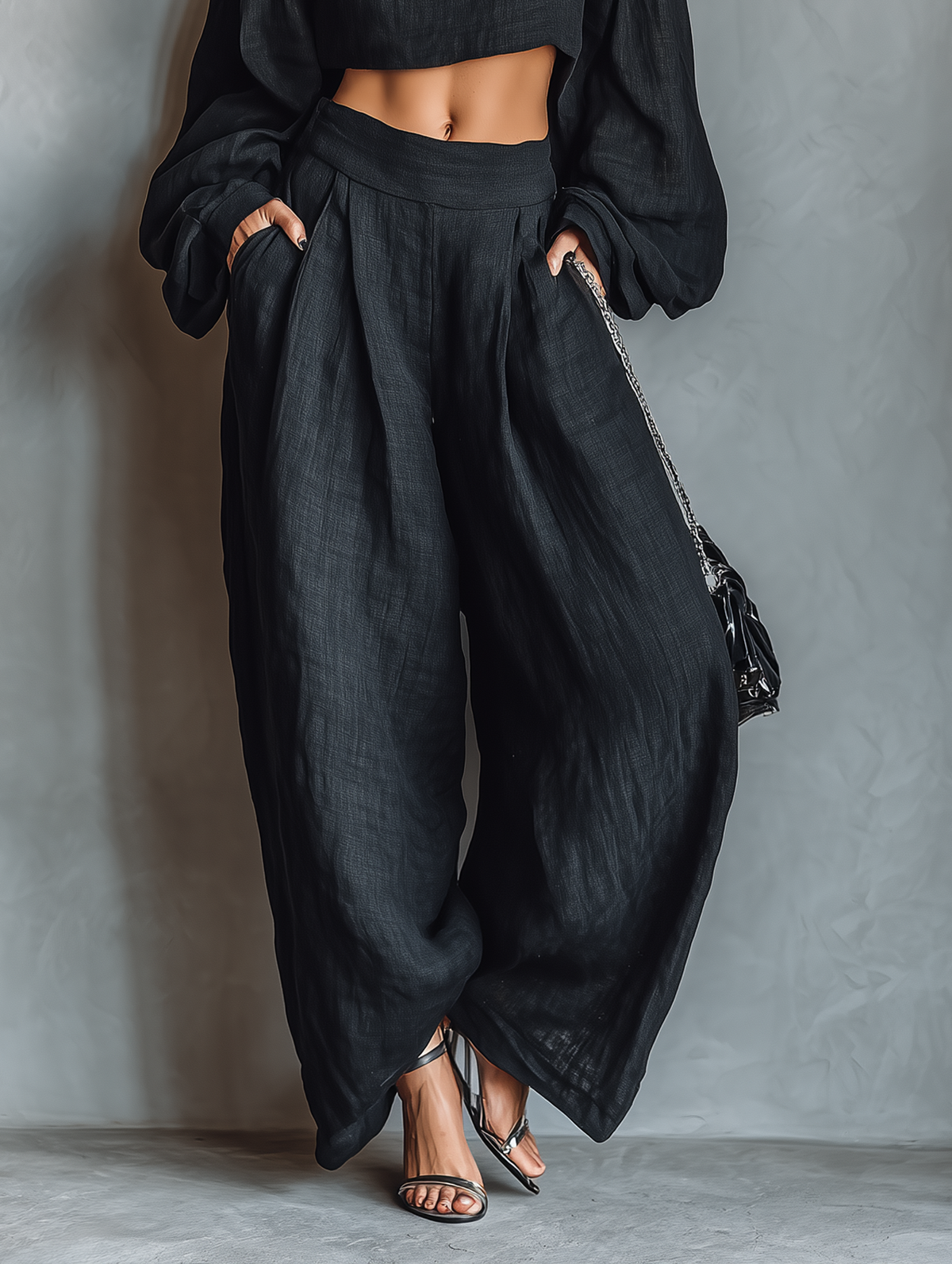 Elegant Linen-Blend Strapless Blouse and Wide-Leg Pants Set