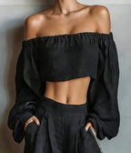 Elegant Linen-Blend Strapless Blouse and Wide-Leg Pants Set