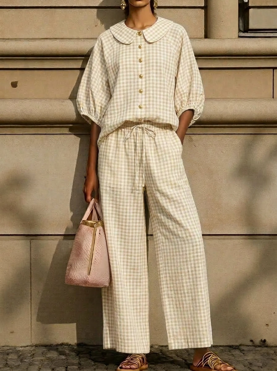 Today 49% off🔥Cotton Linen Gingham Two Piece Set Peter Pan Collar