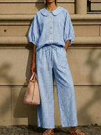 Today 49% off🔥Cotton Linen Gingham Two Piece Set Peter Pan Collar