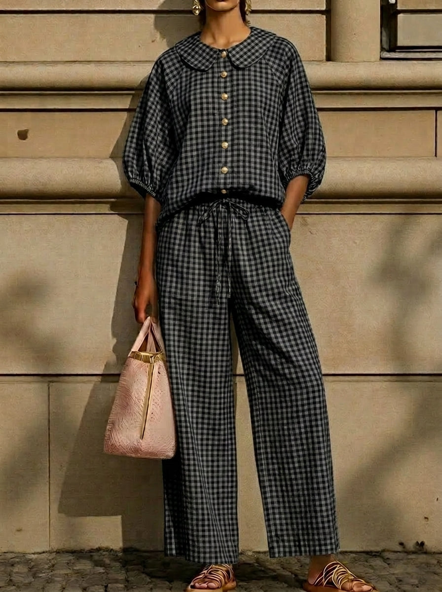 Today 49% off🔥Cotton Linen Gingham Two Piece Set Peter Pan Collar