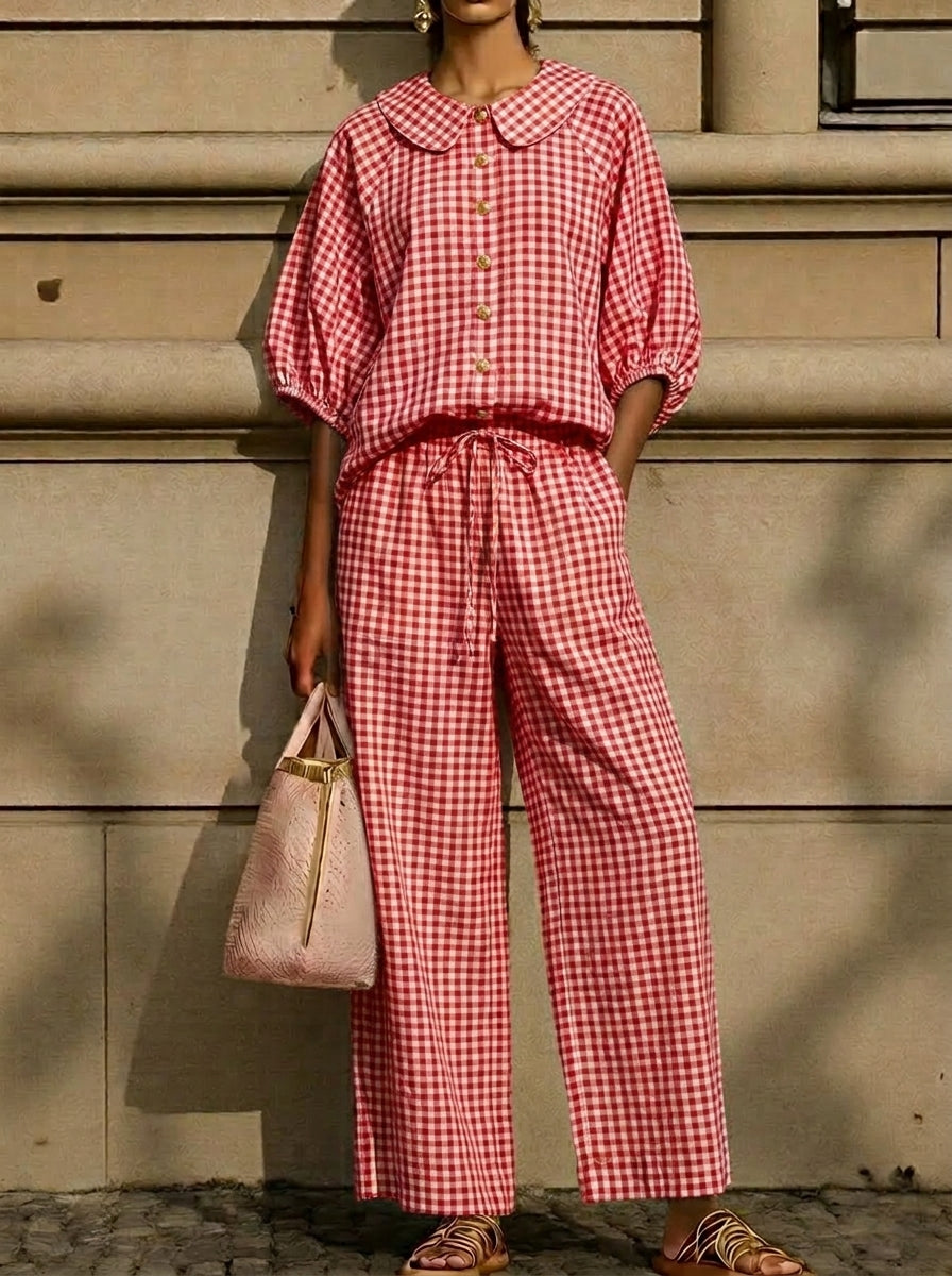 Today 49% off🔥Cotton Linen Gingham Two Piece Set Peter Pan Collar