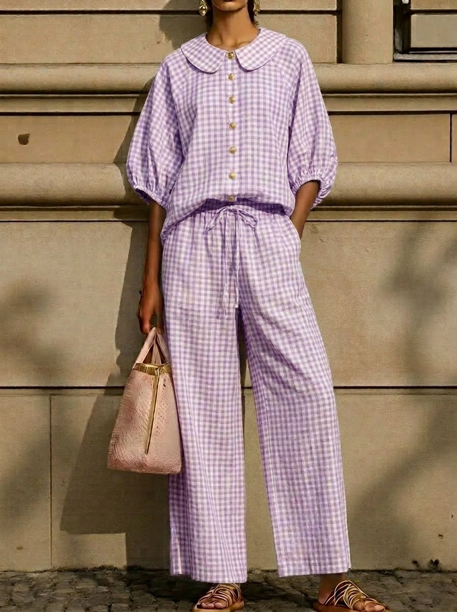 Today 49% off🔥Cotton Linen Gingham Two Piece Set Peter Pan Collar
