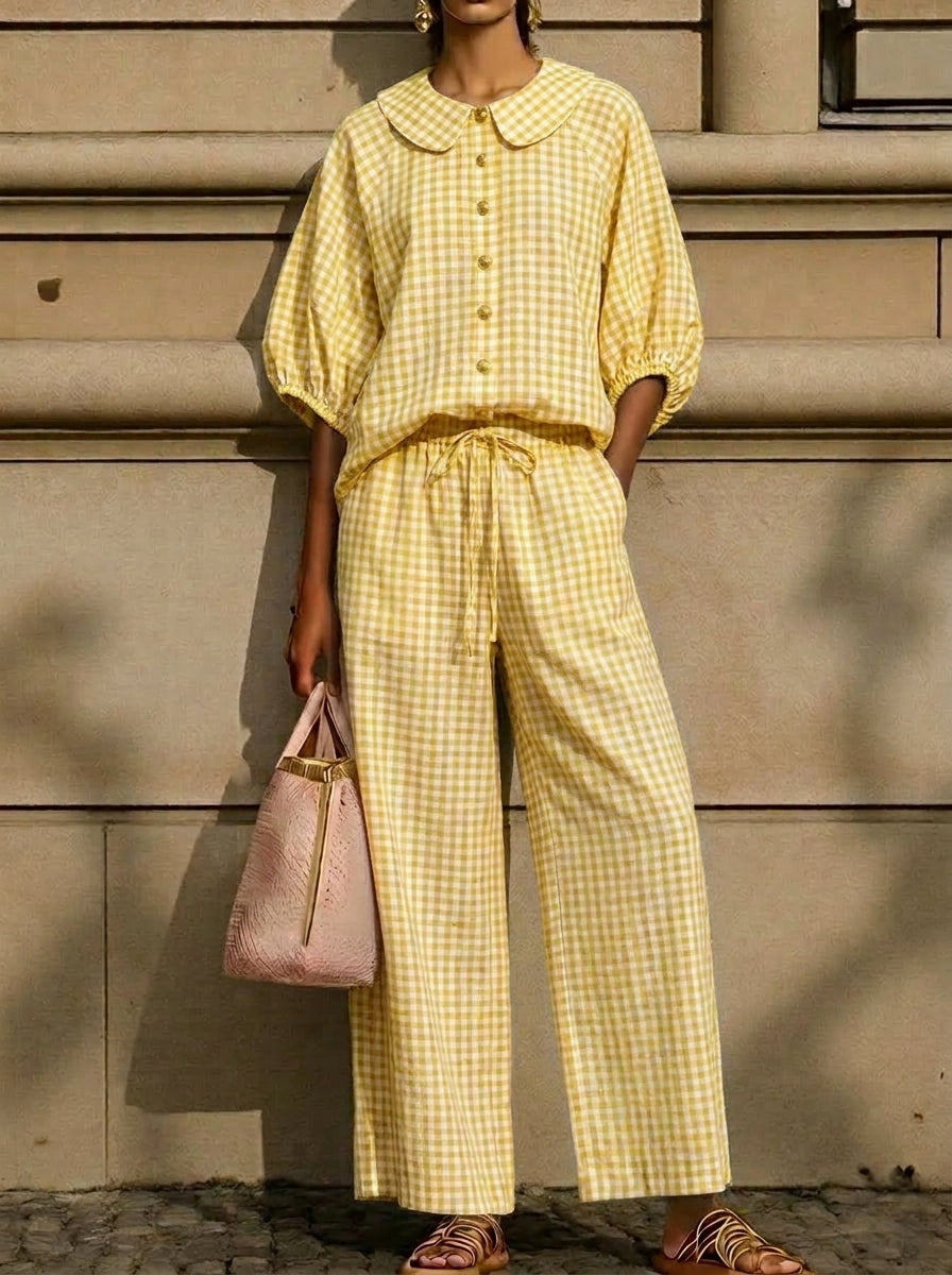 Today 49% off🔥Cotton Linen Gingham Two Piece Set Peter Pan Collar