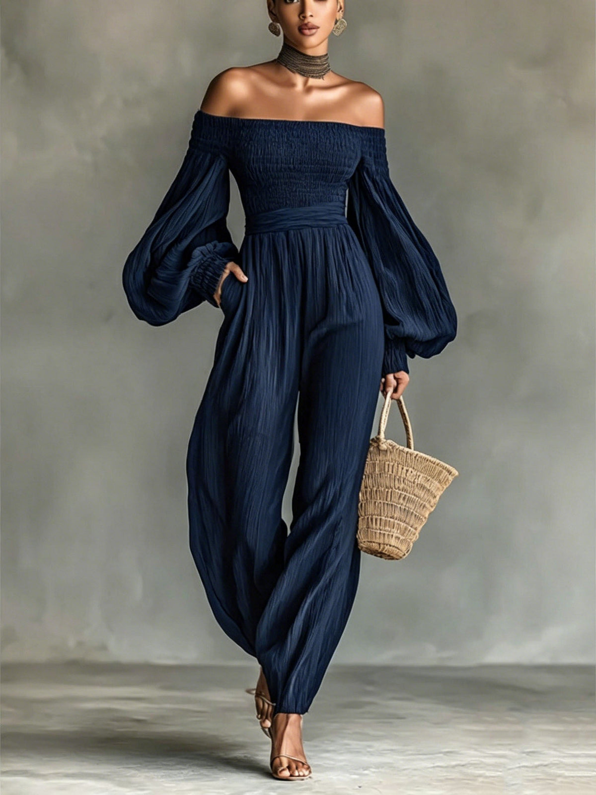 Women's Off-the-shoulder Long-sleeved Pleated Fabric Jumpsuit