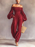 Women's Off-the-shoulder Long-sleeved Pleated Fabric Jumpsuit
