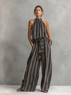 Striped Printed Woven Round Neck Sleeveless Top Paired With Trousers Set