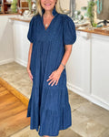 Puff Sleeve Denim V-neck Dress