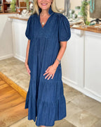 Puff Sleeve Denim V-neck Dress