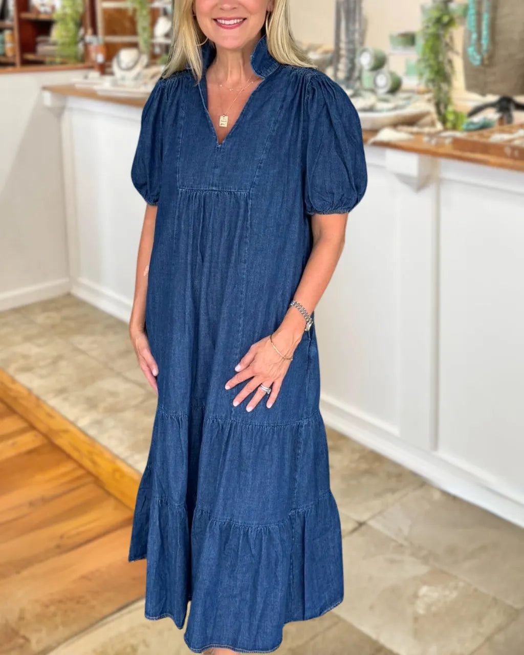 Puff Sleeve Denim V-neck Dress