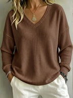 New Arrival🔥 Women's Casual V-Neck Waffle Top Sweatshirt