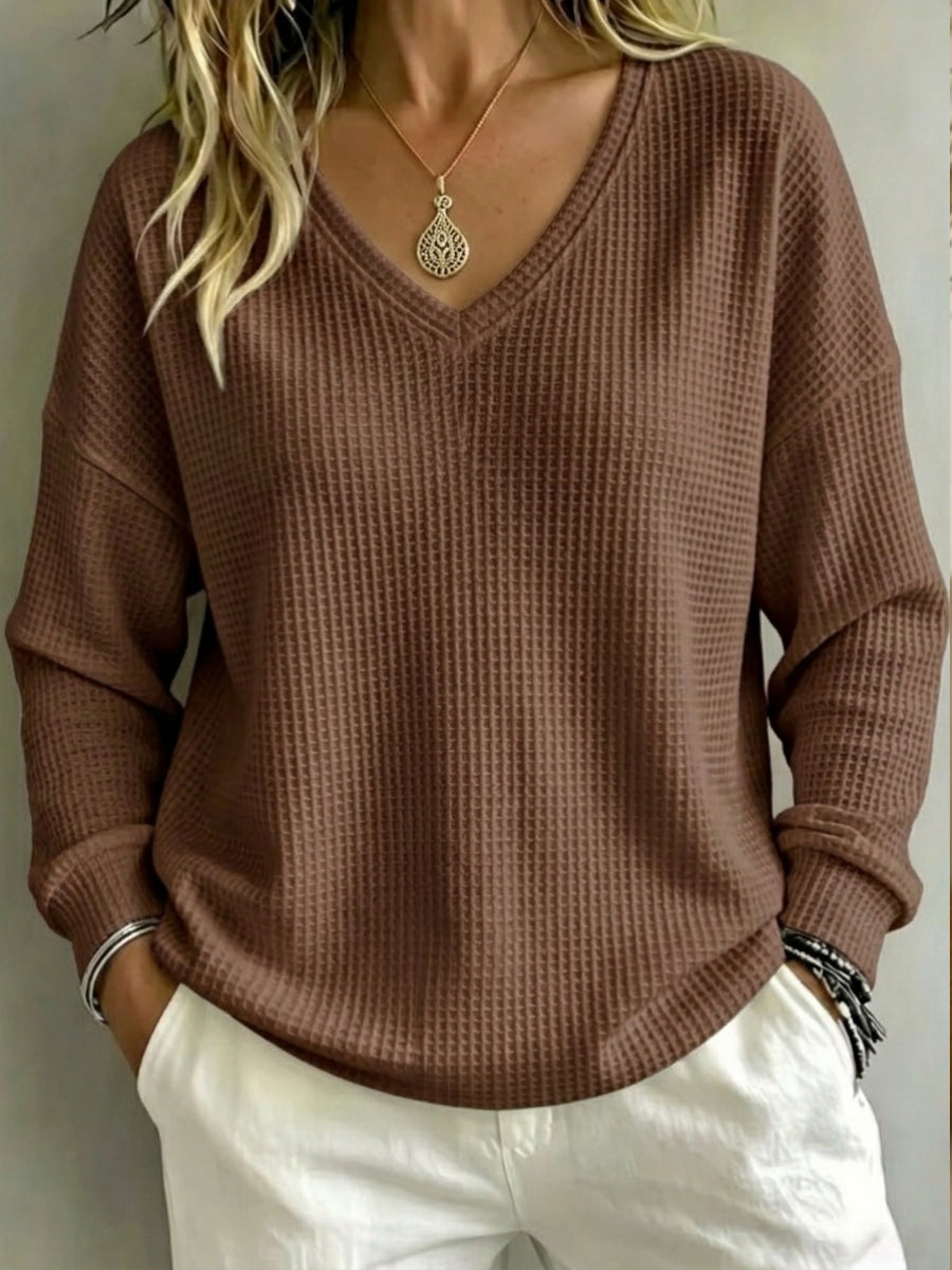 New Arrival🔥 Women's Casual V-Neck Waffle Top Sweatshirt