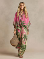 Effortless Palm-Print Kimono Two-Piece Set