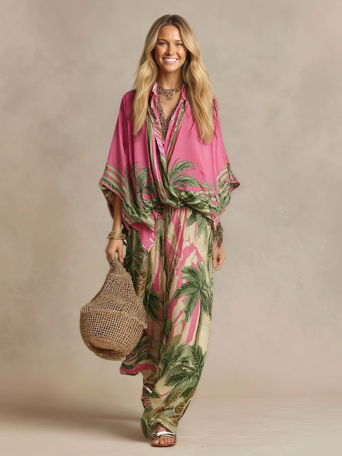 Effortless Palm-Print Kimono Two-Piece Set