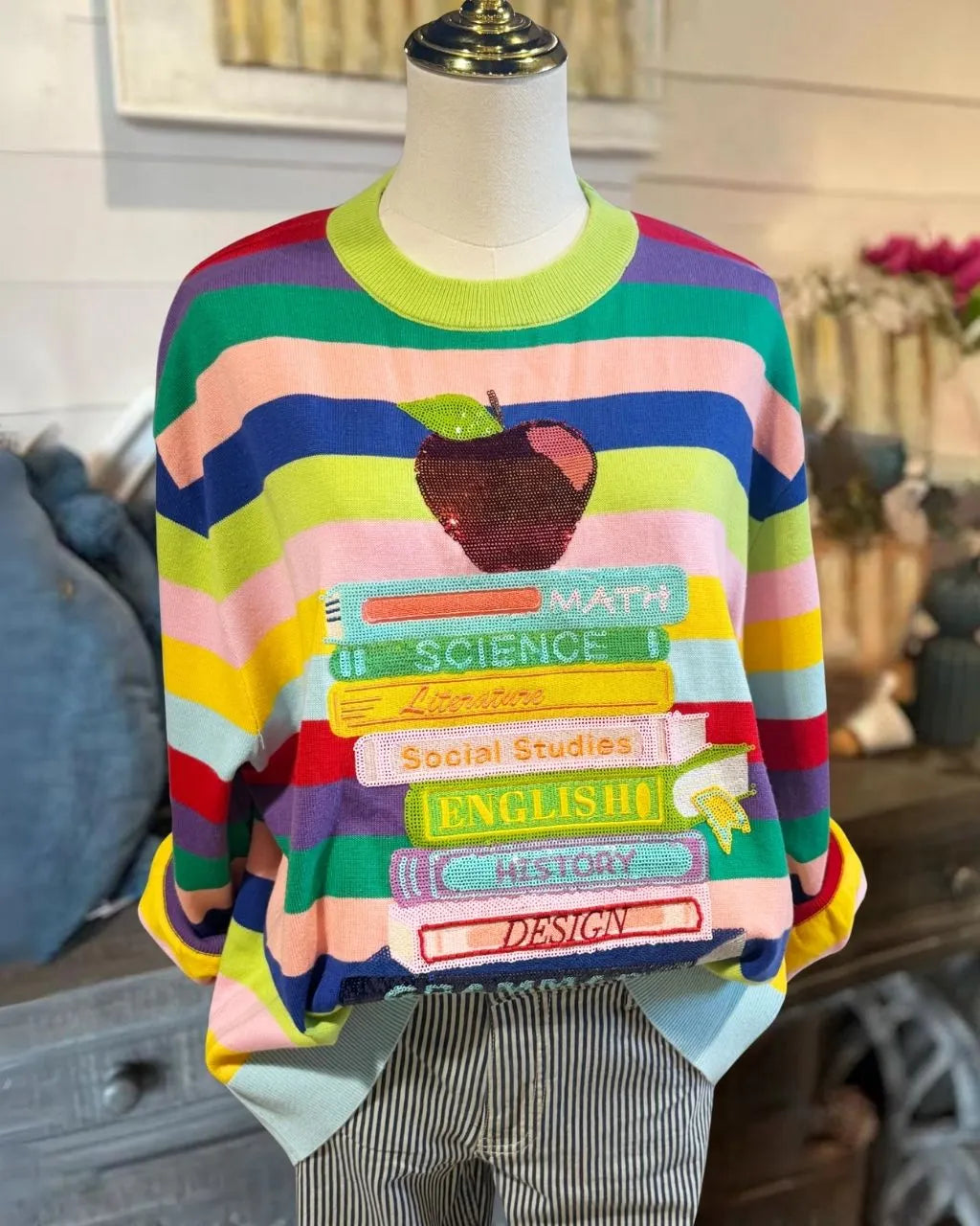 Rainbow Striped School Apple Sequin Sweatshirt