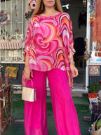 Conjunto de Gasa Colorido para Mujer, Verano Casual, Cuello Redondo Estampado, Dos Piezas
