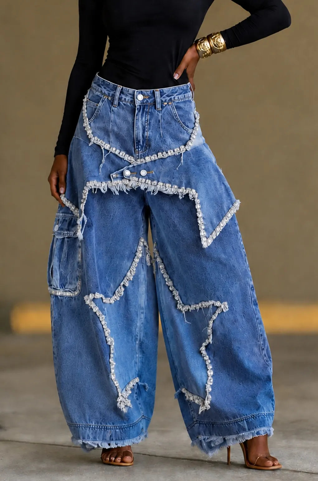 Women’s Y2K Heavy-Detailed Rhinestone Faux Two-Piece Jeans
