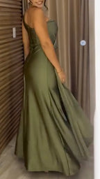 Green One-Shoulder Satin Maxi Gown