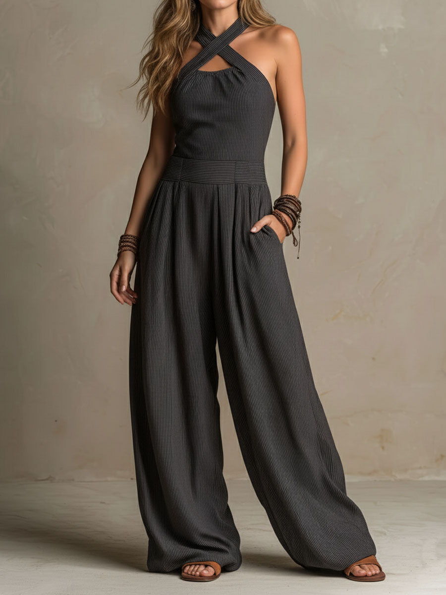 Crisscross Halter Pinstripe Wide-Leg Jumpsuit