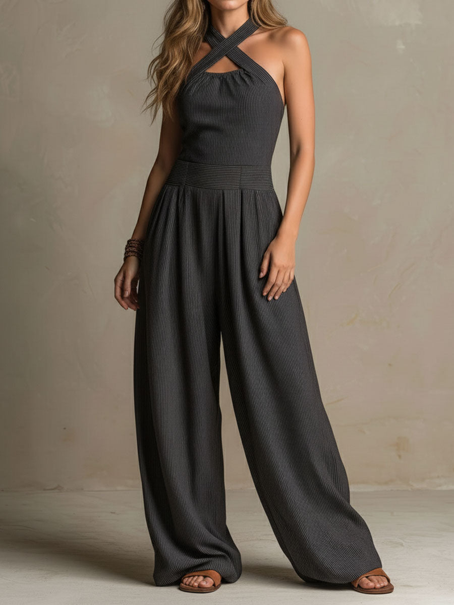 Crisscross Halter Pinstripe Wide-Leg Jumpsuit