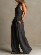 Crisscross Halter Pinstripe Wide-Leg Jumpsuit
