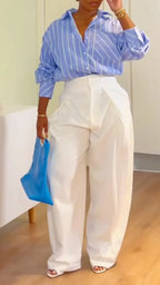 Striped Shirt & White Wide Leg Pants Two-Piece Outfit