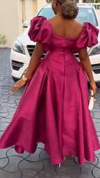 Magenta Satin Puff Sleeve Midi Evening Dress