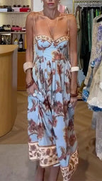 Vintage Floral Spaghetti Strap Bustier Midi Dress