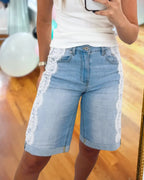 Lace-Trimmed Denim Bermuda Shorts