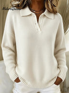 Classic Polo Neck Button-Down Solid Color Sweater Top